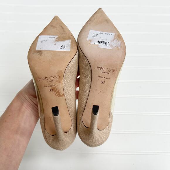 Jimmy Choo Cass Pumps 37 Tan Linen Clear Vinyl Stiletto Heels Wedding Bridal - Picture 4 of 12